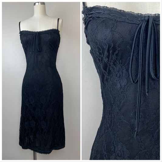 1990s Betsey Johnson Black Lace Slip Dress, Size XS