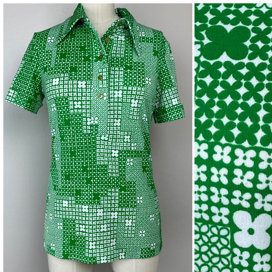 1970s Four Leaf Clover Polo Shirt, Size Small, Geometric
