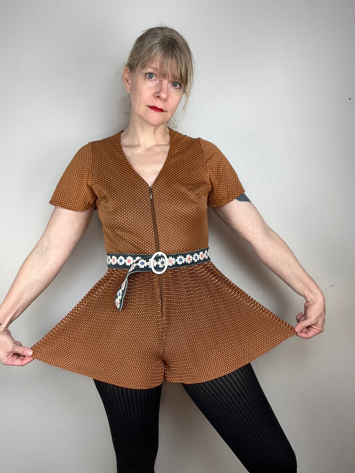 1970s Brown Polka Dot Zip Front Romper, Size Small-Medium, Accordion Pleats