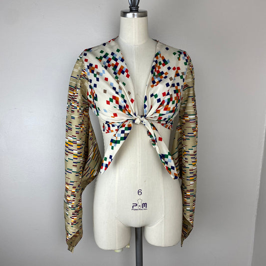 1970s Tie Front Crop Top with Bell Sleeves, Size XS/S, Mixed Prints