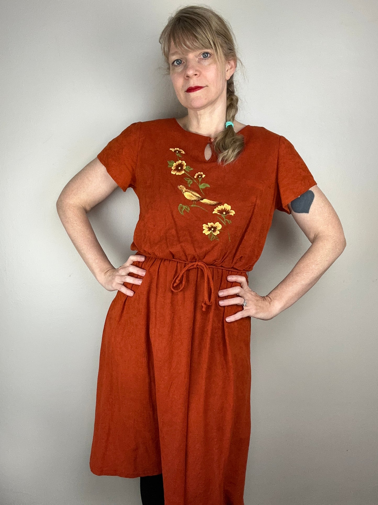 1970s Velour Bird Dress, Size Medium-Large