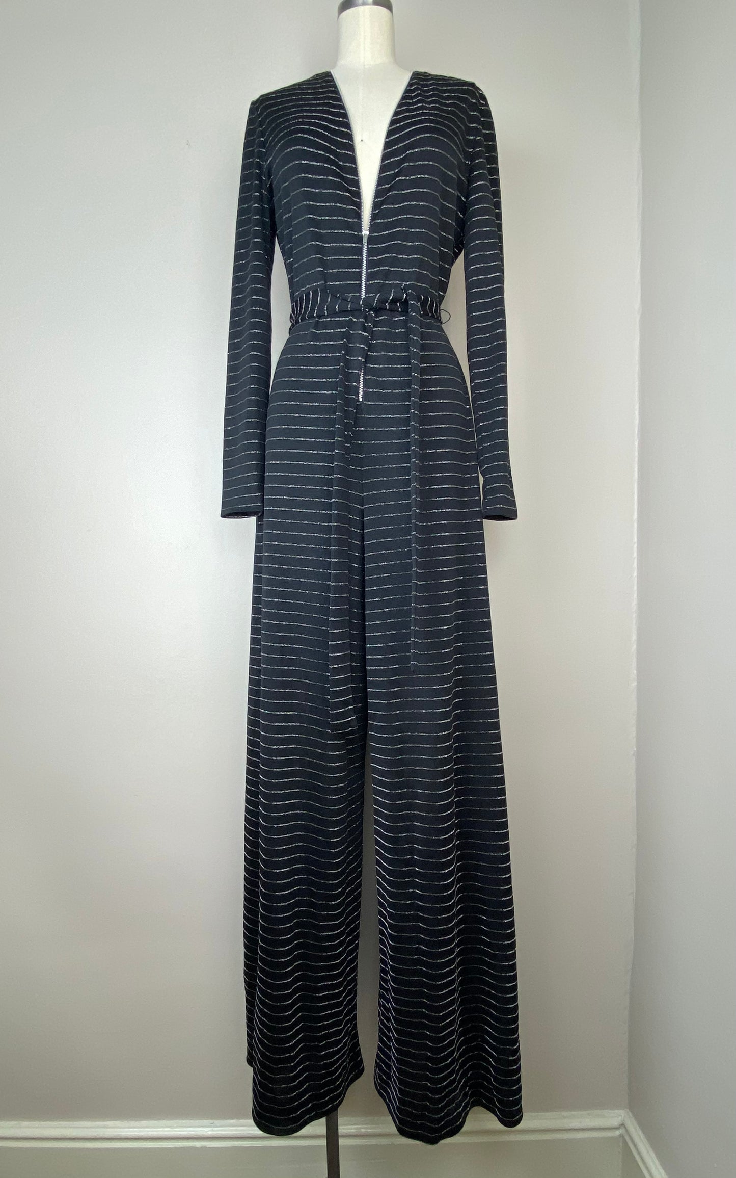 1970s Lurex Stripe Wide Leg Jumpsuit, Zip Up, Size M-L Tall