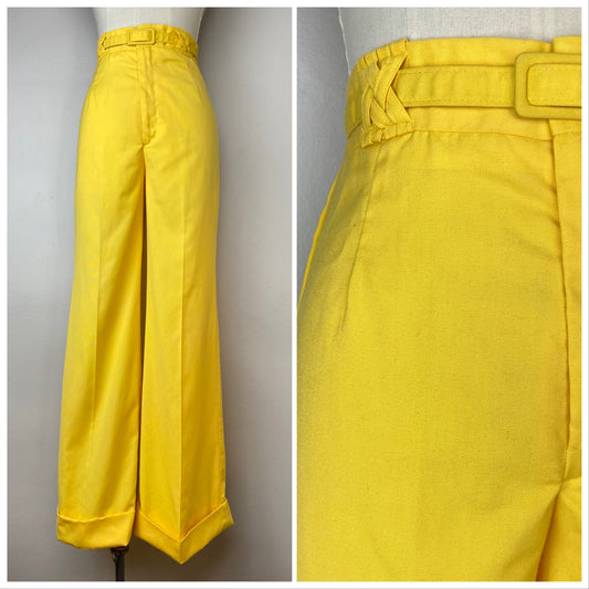 1970s Yellow Bell Bottom Pants, Casual Corner Size XS, High Waisted Cuffed Slacks