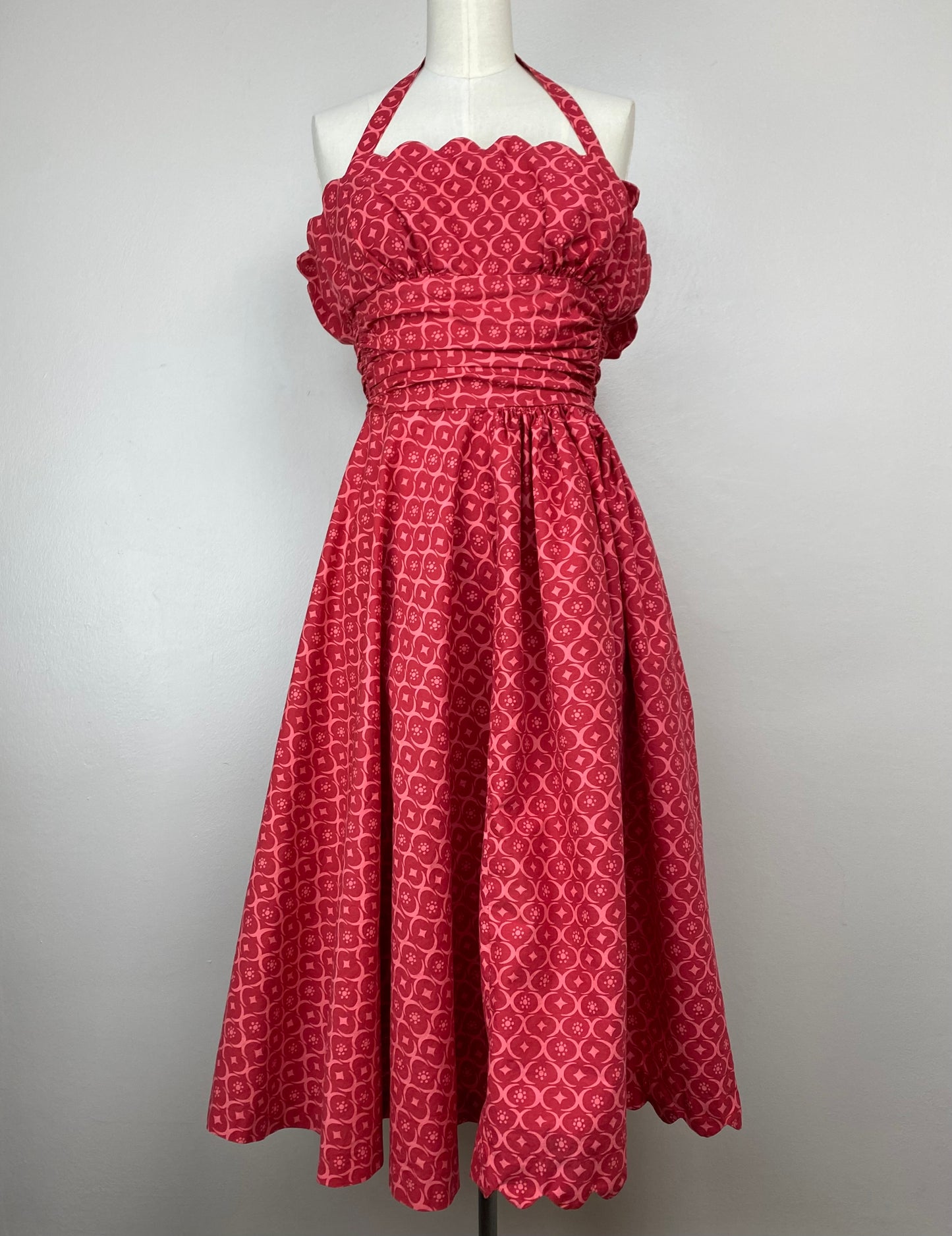 1940s/50s Tina Leser by Foreman Asymmetrical Halter Dress, Size XXS, Pink Geometric Print, Midi Length, Strapless