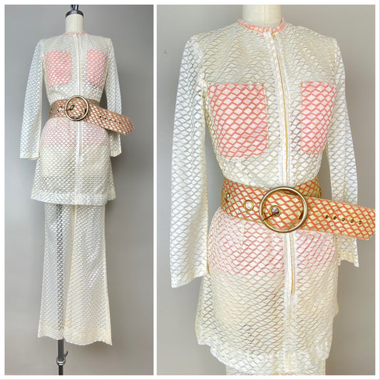 1960s Space Age Lace Pant Suit, Kristine California Size XS, Mod Mini Dress and Flare Leg Pants