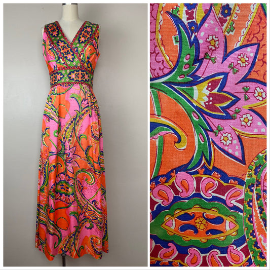 1960s/70s Bright Paisley Floral Maxi Dress, Size Small