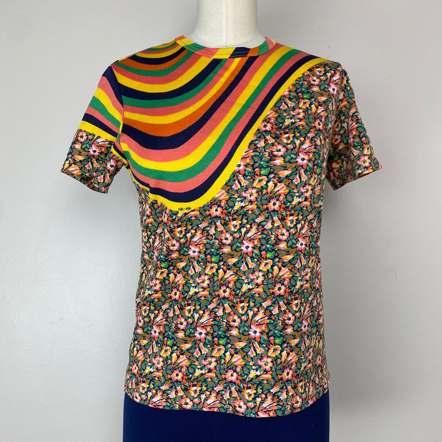 1970s Nik-Nik Floral and Stripes Nylon T-Shirt, Size Small