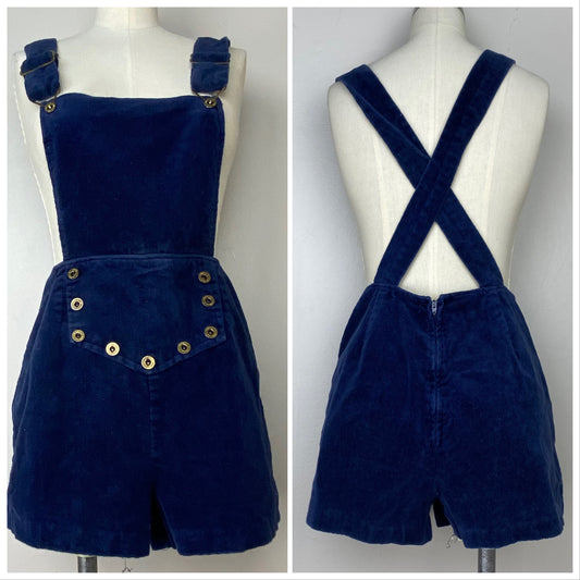 1970s Navy Blue Corduroy Low Back Overall Shorts, Size S/M, Shortalls