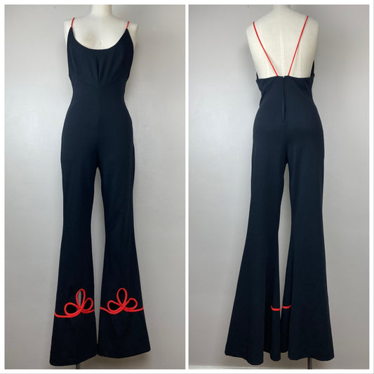 1970s Bell Bottom Jumpsuit, Black with Red Trim and Cut Outs, Size S/M