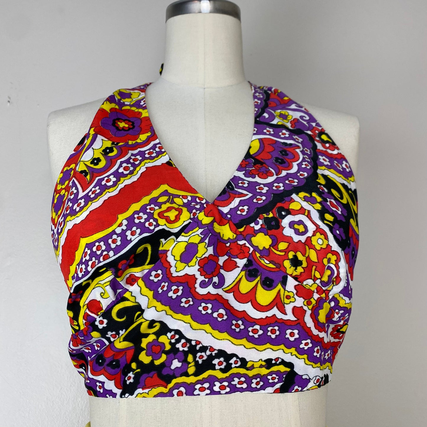 1970s Halter Top, Size Small, Swirly Floral Print