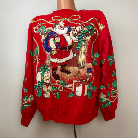 1990s Christmas Sweatshirt, Holiday Time Size L/XL, Glitter, Santa Claus