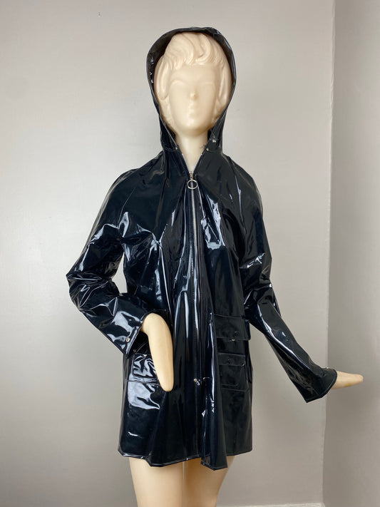 1970s Shiny Black Vinyl Hooded Raincoat, Size S/M, Deadstock with Tag