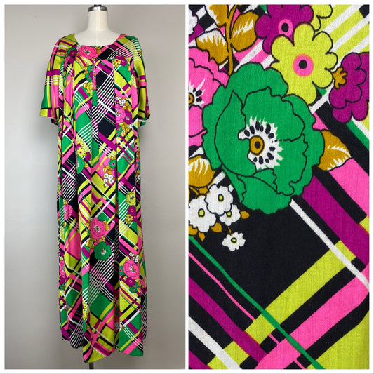 1960s House Dress, Muumuu, Size Small, Bright Neon Floral Plaid, Maxi Length