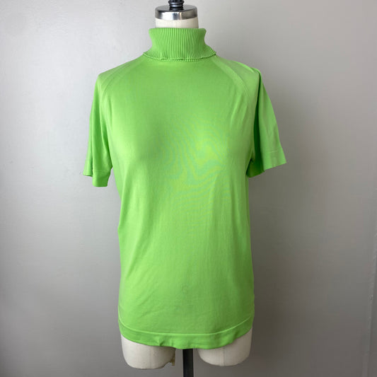 1960s Neon Green Turtleneck Shirt, Sears Junior Bazaar Ban-Lon Knits Short Sleeve Top, Size Medium