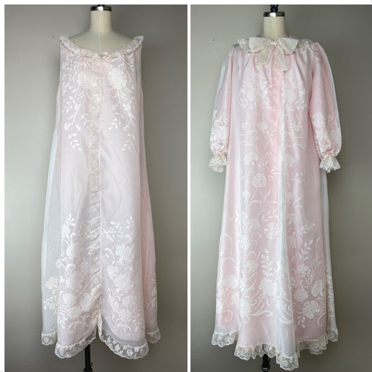 1950s/60s Odette Barsa Pastel Pink Peignoir Set, Size M/L, Matching Nightgown and Robe