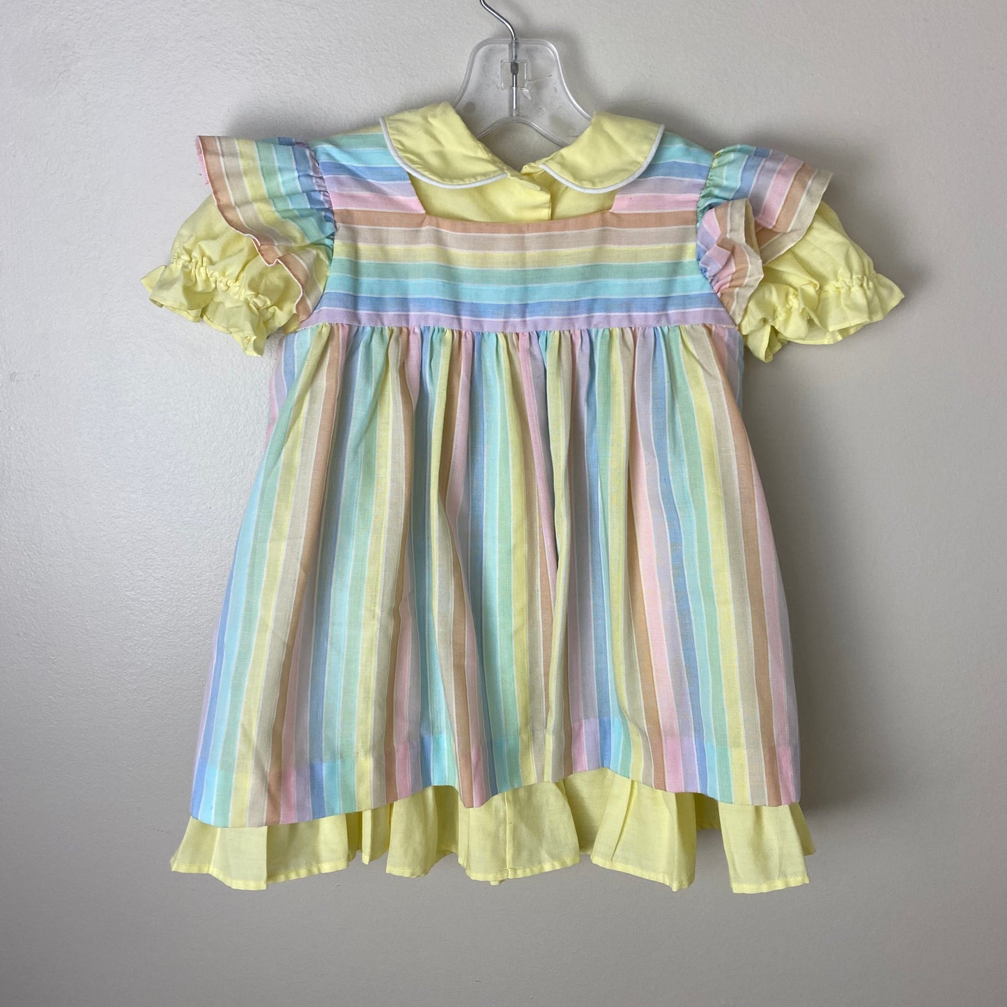 1980s Rainbow Stripe Pinafore Dress and Yellow Puff Sleeve Dress, Size 4T