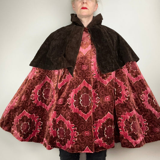 1970s Medieval Inspired Velvet Tapestry and Leather Hooded Cape, OSFA