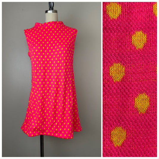 1960s Neon Mod Polka Dot Knit Mini Dress, Come Alive! Size Medium (AS-IS please read description)