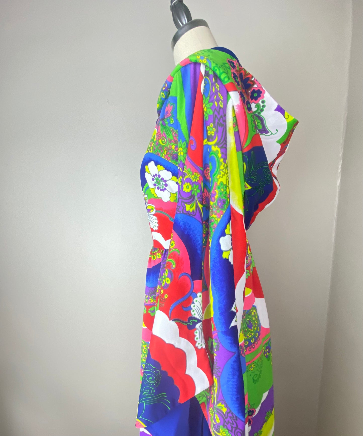 1970s Psychedelic Rainbow Floral Hooded Dress, Concept 70s by Swirl Size S/M, Bell Sleeves