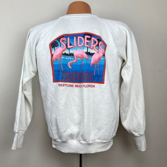 1990s Sliders Oyster Bar Sweatshirt, Size Large, Neptune Beach Florida, Pink Flamingos