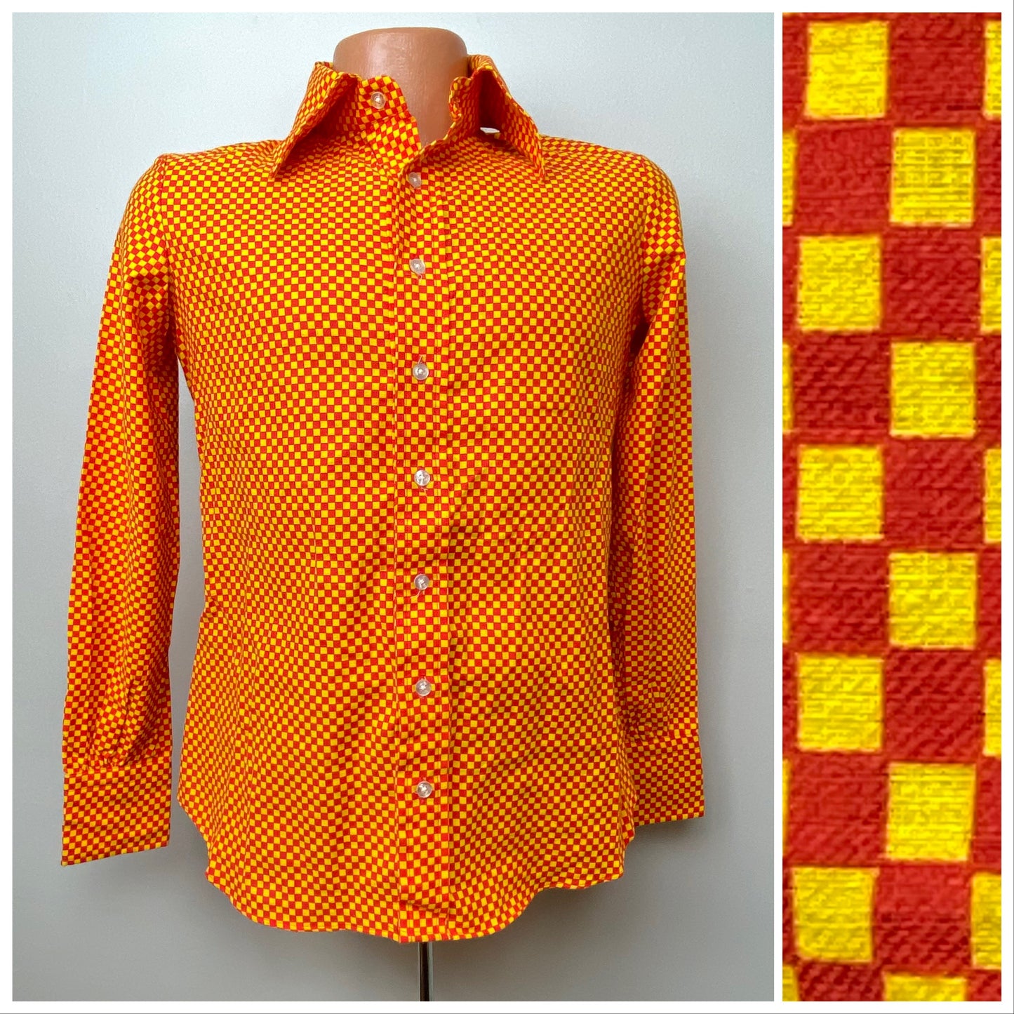 1970s Red & Yellow Checkerboard Shirt, Geoffrey Beene Bazaar, Size Medium, Deadstock