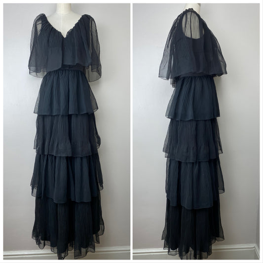 1970s Black Layered Ruffle Maxi Dress, Jack Hartley Size XS