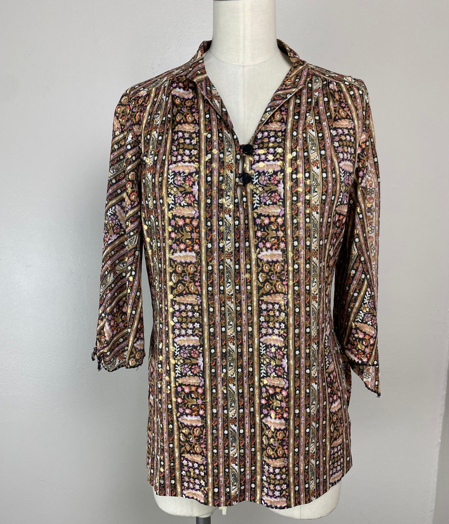 1970s Blouse with Gold Lurex Thread, Miss Charm of Boston, Size Medium, Bell Sleeves