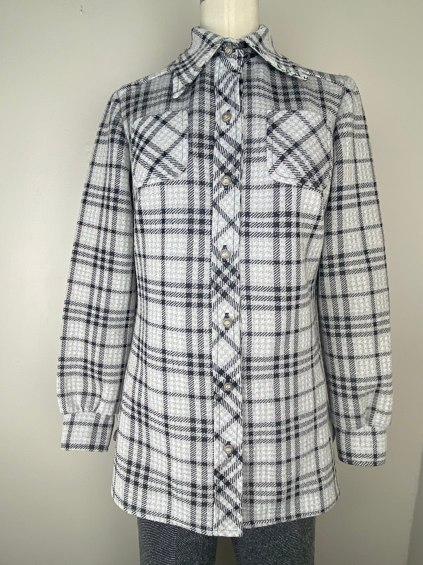 1970s Lurex Leisure Suit, Tucker Knits, Black and Silver Plaid Shirt Jacket and Diagonal Stripe Flare Leg Pants