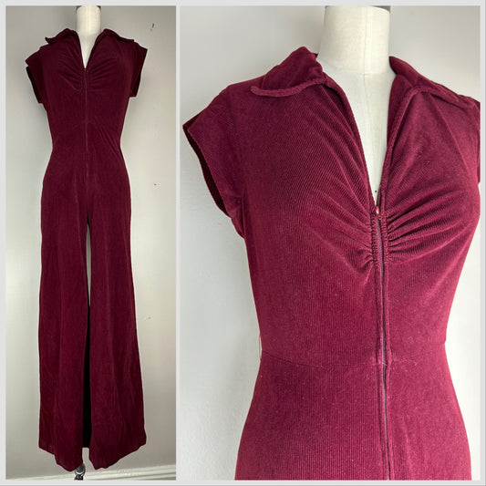 1970s Maroon Corduroy Bell Bottom Jumpsuit, Size Small