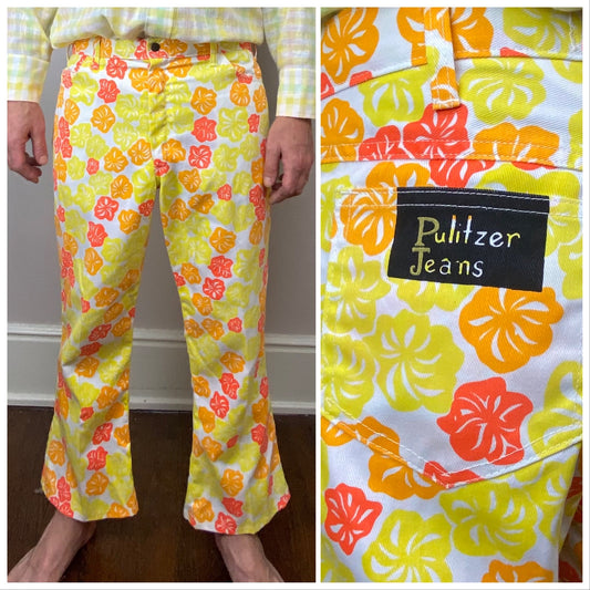 1960s Pulitzer Jeans, 35"x Yellow and Orange Flowers, Lilly Pulitzer Men’s Stuff