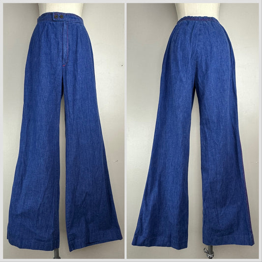 1970s Bell Bottom Blue Jeans, 27"x34", High Rise