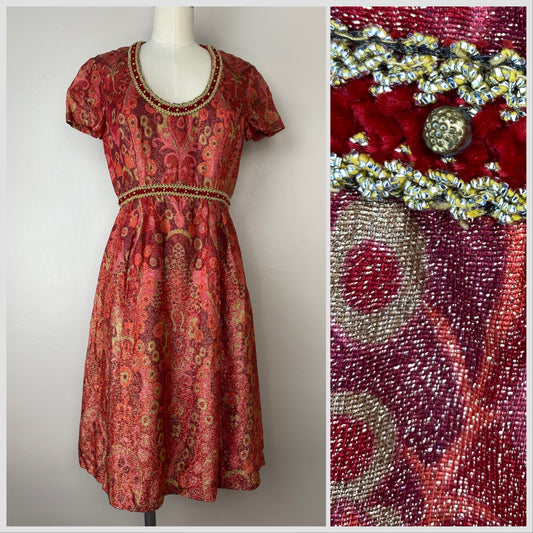 1960s Psychedelic Lurex Mini Dress, Gino Charles Size Small, Red and Gold Cocktail Dress