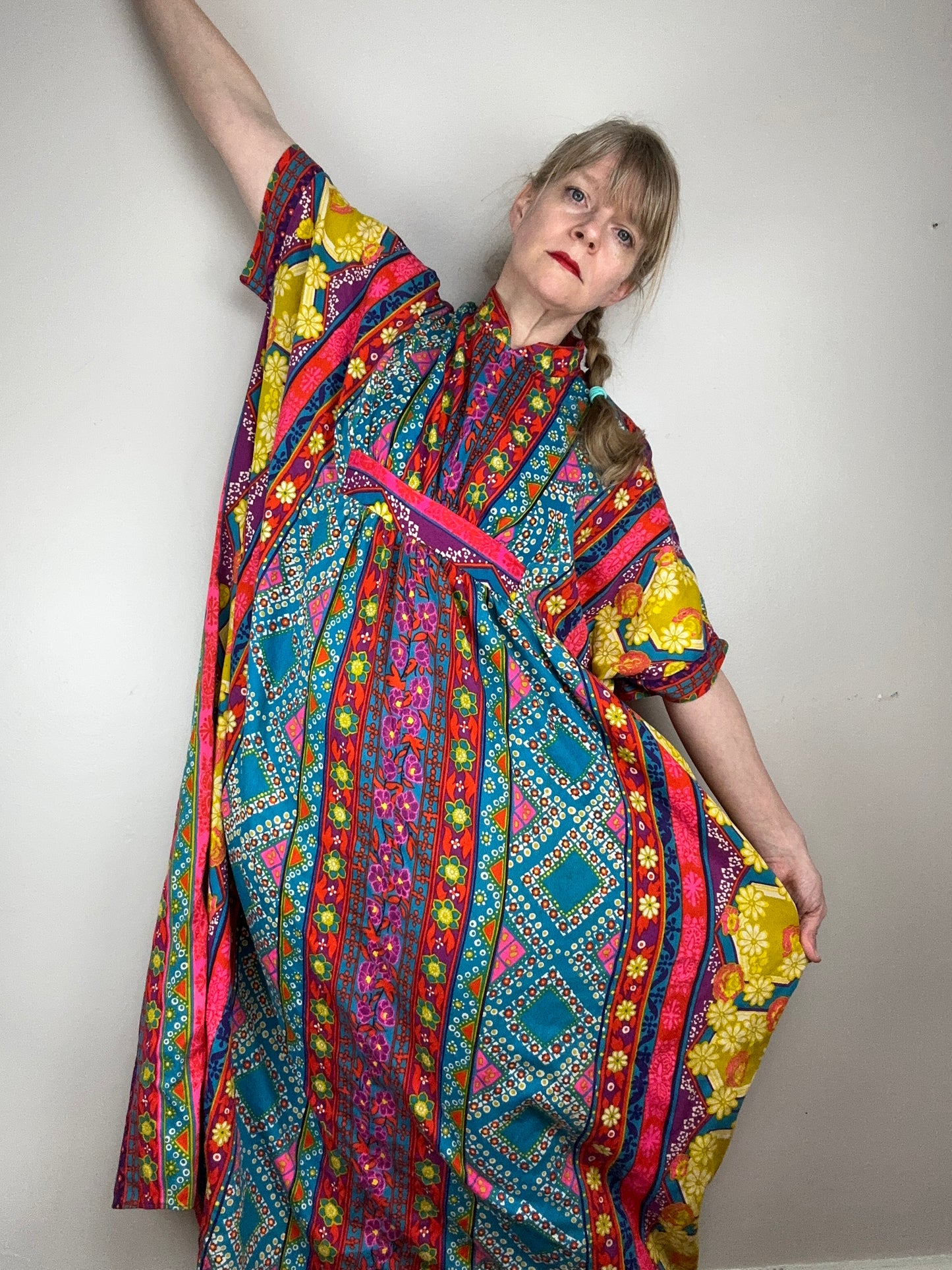 1960s Bright Floral Stripe Barkcloth Kaftan, Open Sizing