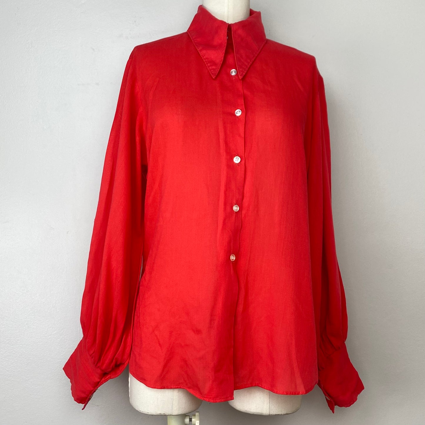 1960s Red Blouse, Size Medium, Dagger Collar, Balloon Sleeves