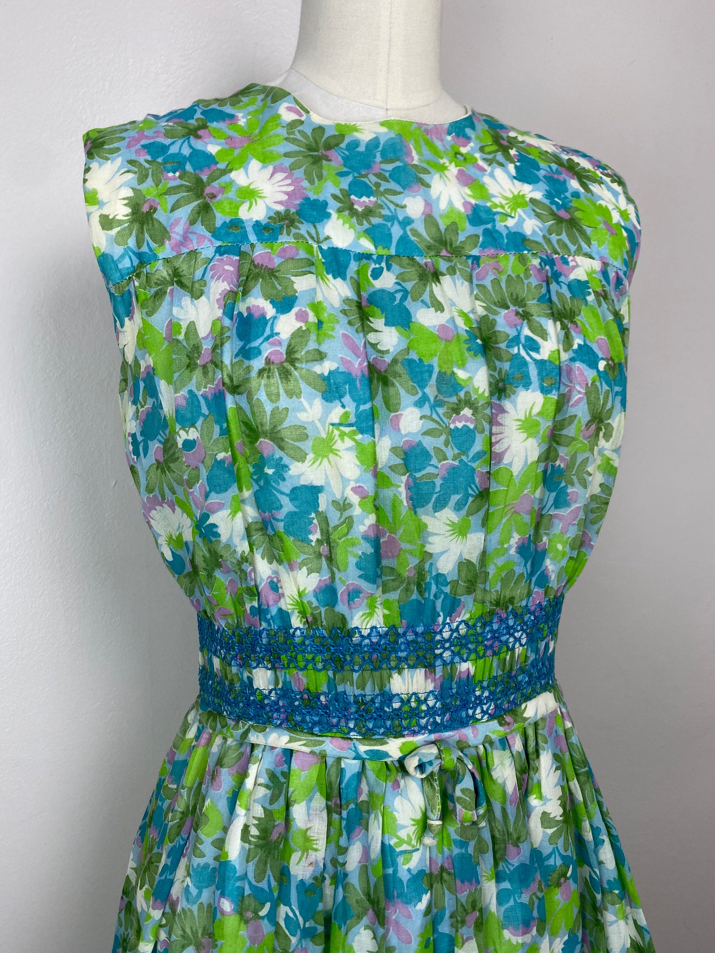 1950s Sheer Blue and Green Floral Dress, Size Small, Smocking