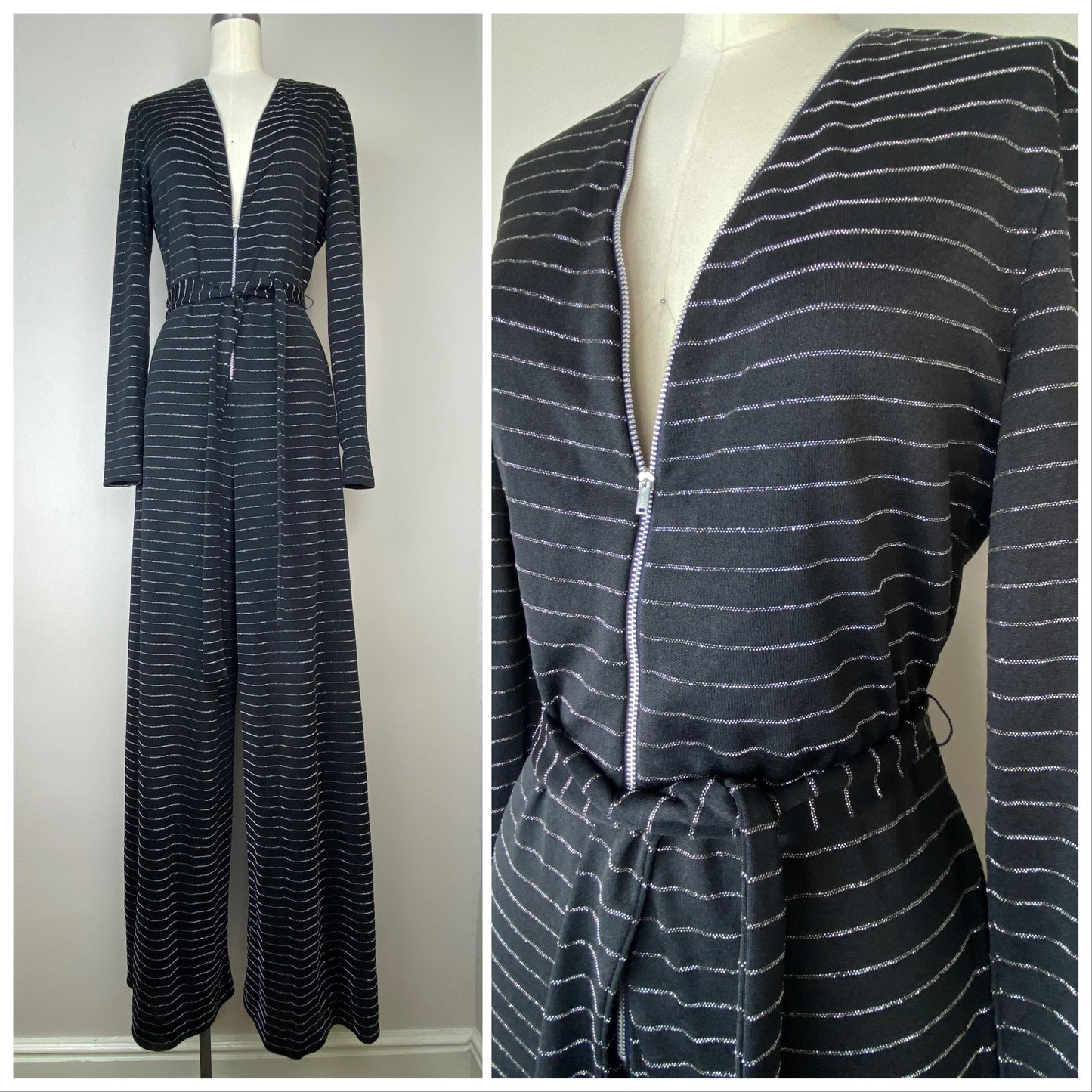 1970s Lurex Stripe Wide Leg Jumpsuit, Zip Up, Size M-L Tall