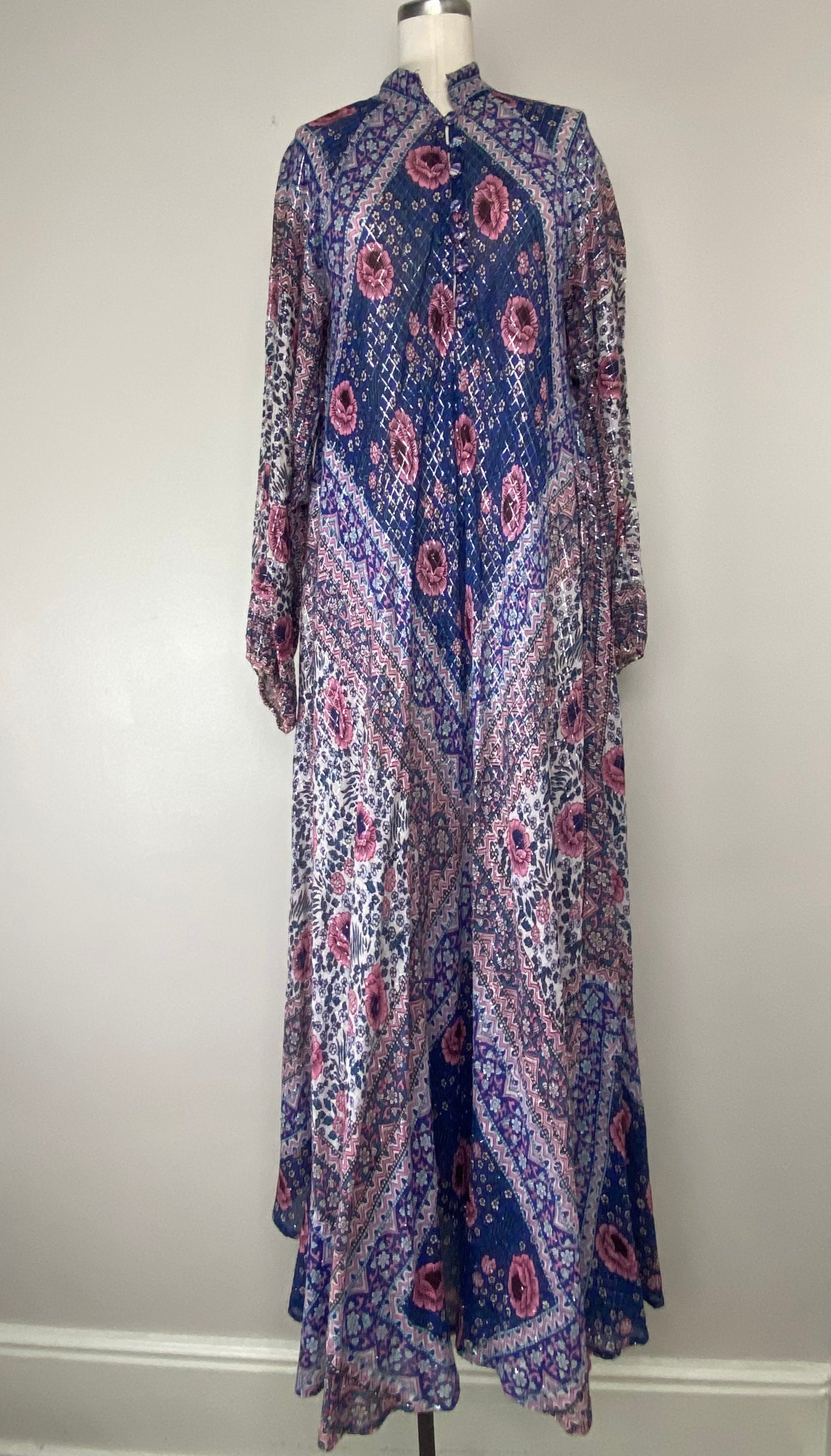 1970s Sultana by Adini Maxi Dress, Purple Floral with Metallic Thread, Size Medium