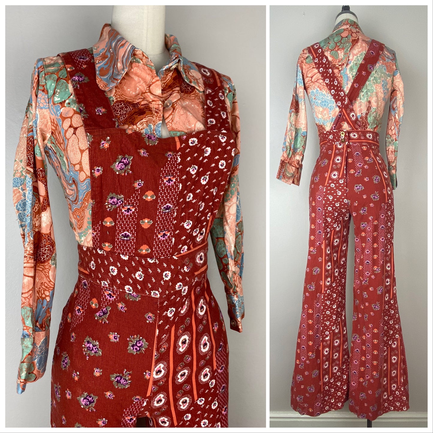 1970s Printed Corduroy Low Back Overalls, Sportset Size XS, High Waisted Bell Bottoms