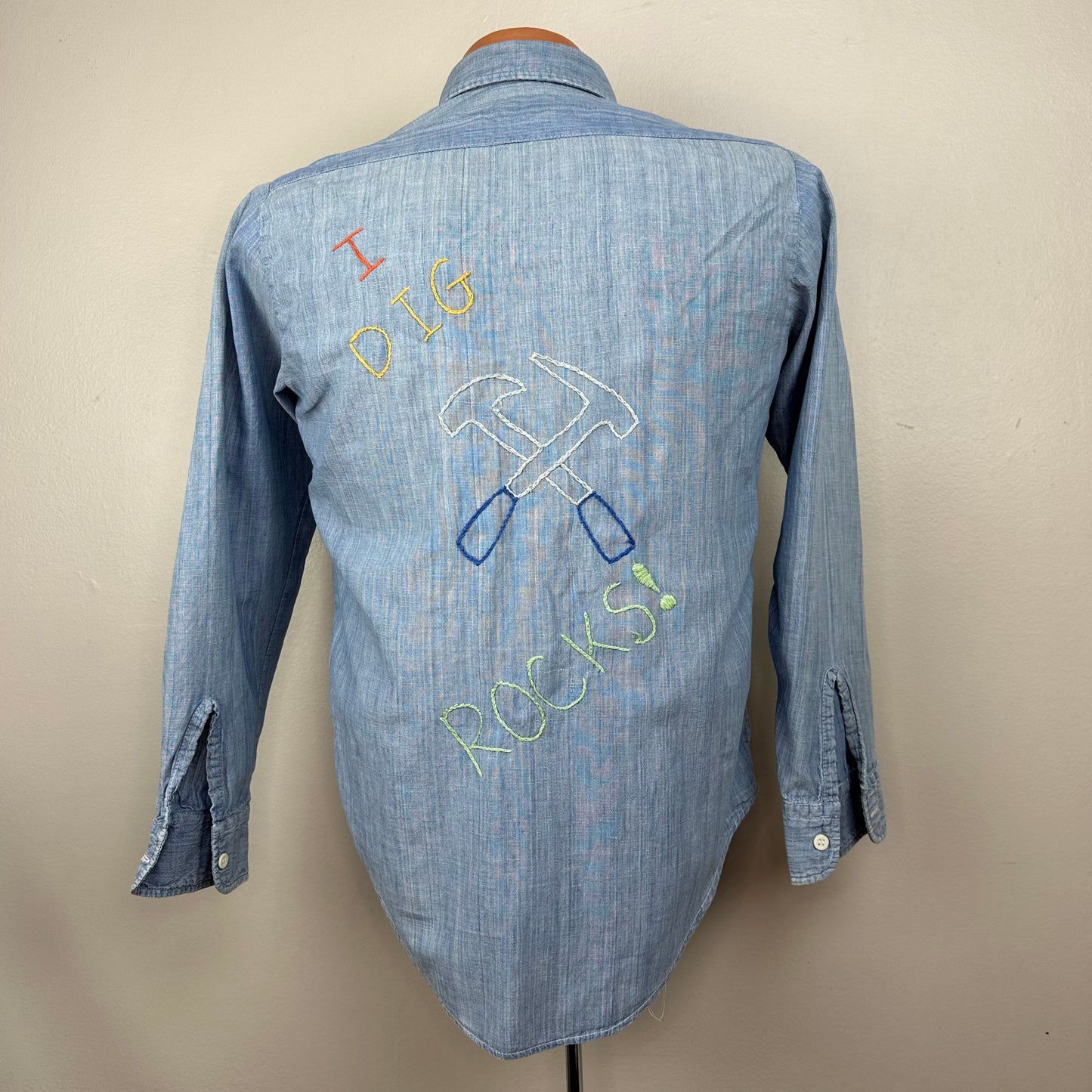 1970s Chambray Shirt with Embroidery, Golden Line Size Small, I Dig Rocks