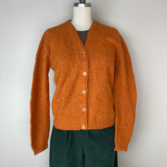 1960s Burnt Orange V-neck Cardigan, Carol Brent, Size Small
