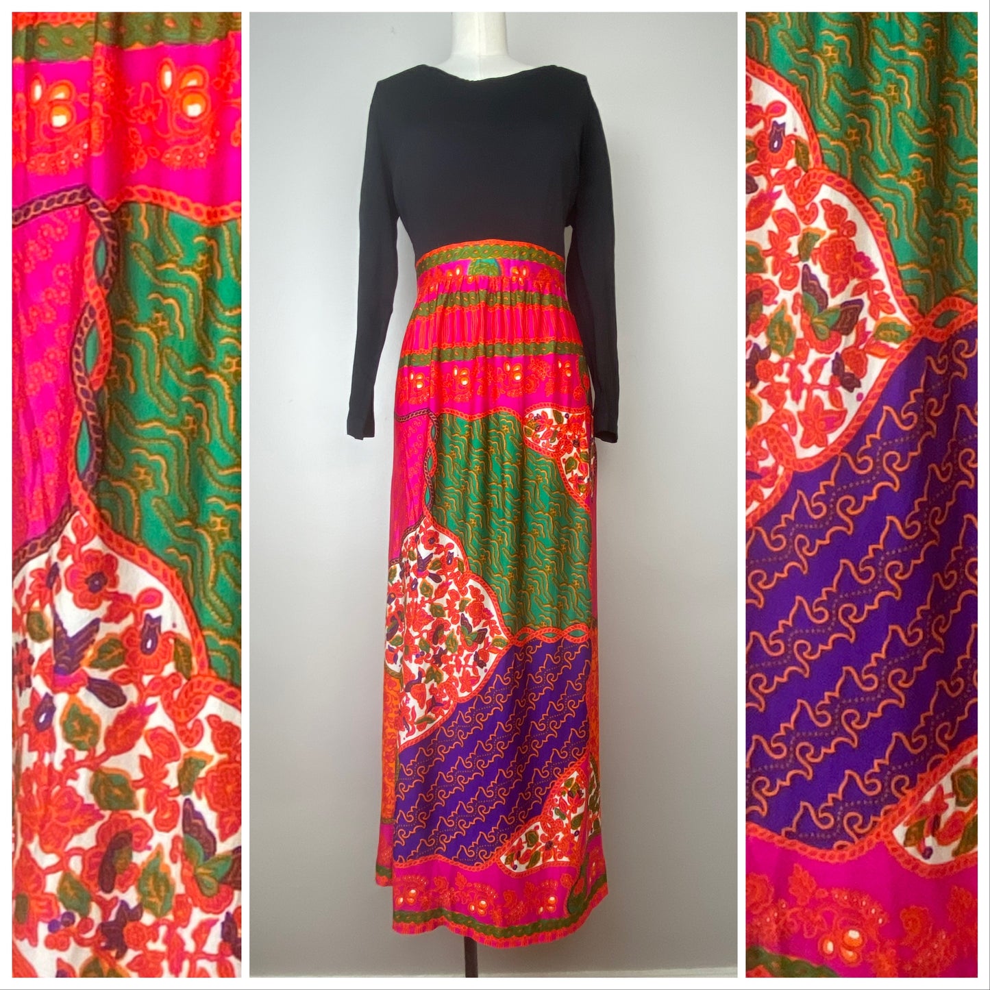 1960s/70s Bright Psychedelic Maxi Dress, Size Large/XL