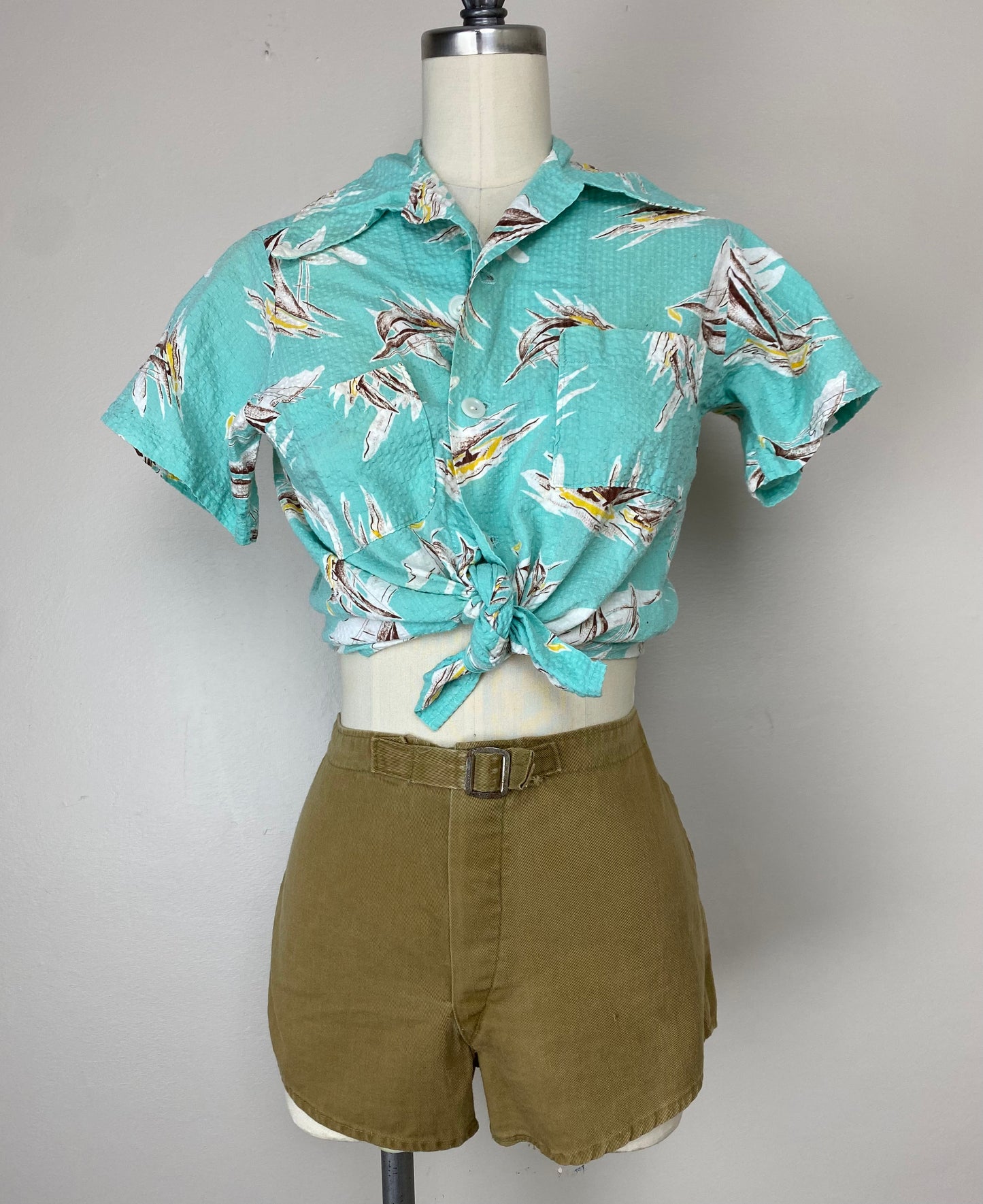 1940s/50s Seersucker Shirt, Size XS/S, Sailboat Print