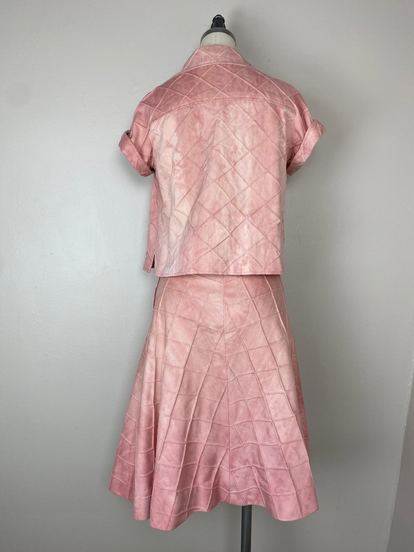 1970s Pink Denim Top and Skirt Set, Size XS/S, Tie Dye, Pin Tuck Grid