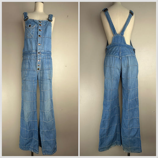 1970s Patchwork Denim Low Back Bell Bottom Overalls, Chess King Size Medium, Button Front