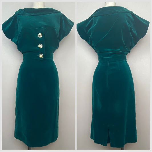1950s/60s Green Velvet Top and Skirt Set, Size XS, Cannady Creations Hollywood, Cantoni Italian Twillback Velveteen Suit