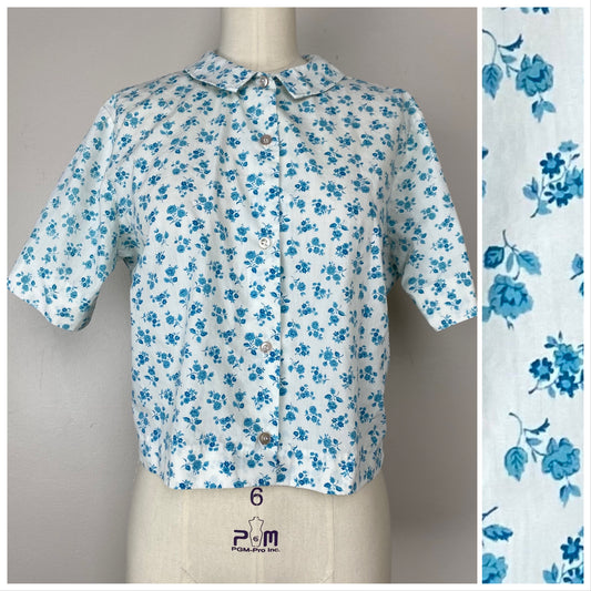 1960s Blue Floral Blouse, Size Medium, Short Sleeves
