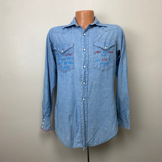 1970s Chambray Western Shirt with Embroidery, Ranchcraft, Size Medium