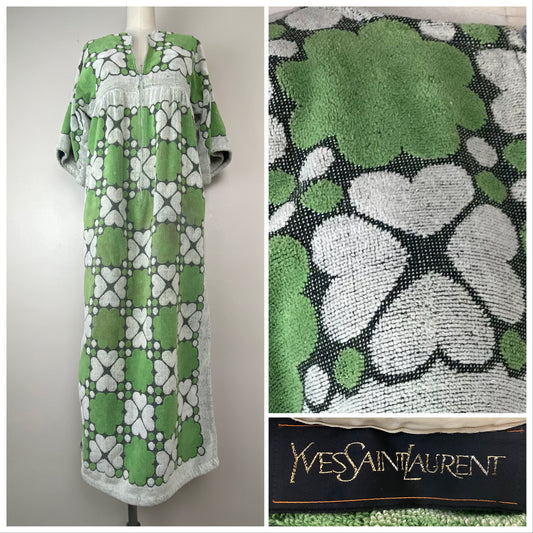 1970s YSL Towel Dress, Yves St Laurent Size XS/S, Green and White, Flowers and Hearts