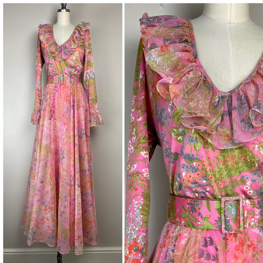 1970s Don Luis de Espana Designer Maxi Dress, Pink Floral, Size M/L
