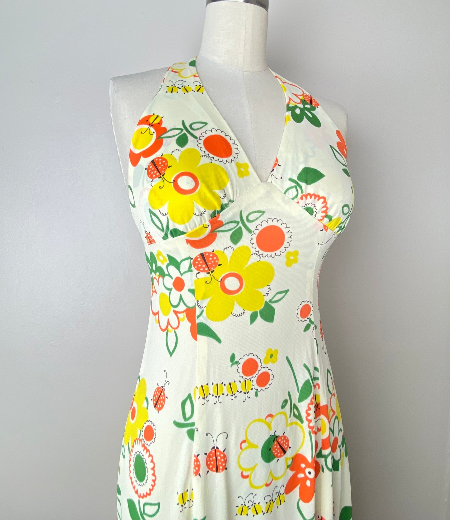 1970s Novelty Print Halter Dress and Cropped Blouse Set, Size XS/S, Floral and Ladybugs